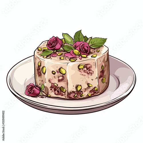 Hand-Drawn Persian Halva Dessert with Rose Petals and Pistachios