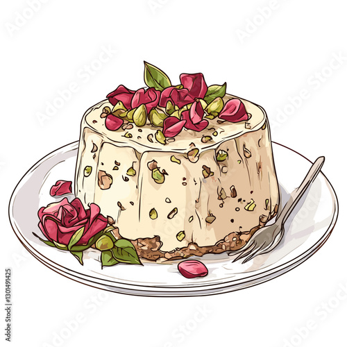 Hand-Drawn Persian Halva Dessert with Rose Petals and Pistachios