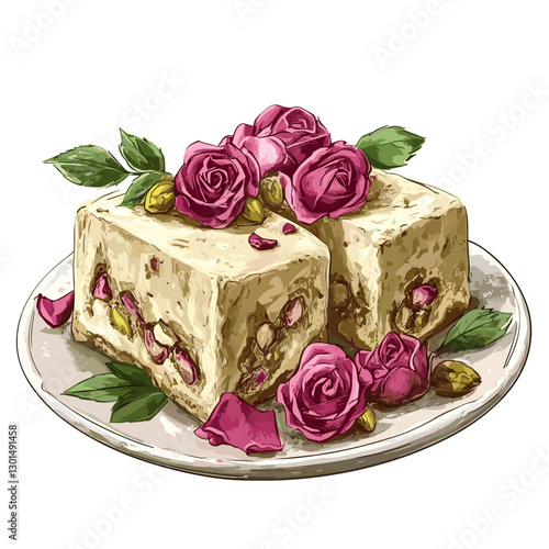 Hand-Drawn Persian Halva Dessert with Rose Petals and Pistachios
