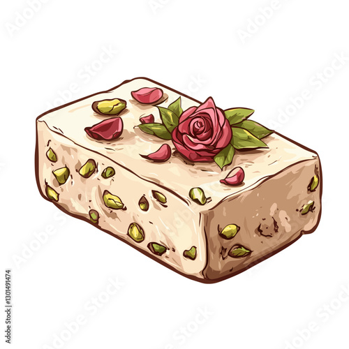 Hand-Drawn Persian Halva Dessert with Rose Petals and Pistachios