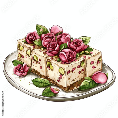 Hand-Drawn Persian Halva Dessert with Rose Petals and Pistachios