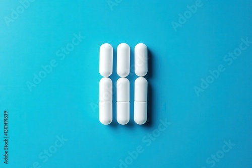 White pills arranged as a bar chart directly photographed from above on a blue background