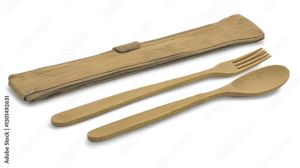 Bamboo cutlery set & case on white, product shot for eco-friendly lifestyle choices Bamboo cutlery set & case on white, product shot for eco-friendly lifestyle choices