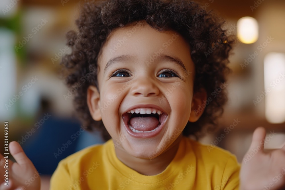 A joyous child with curly hair happily expressing excitement, surrounded by a warm background filled with soft lights, representing pure, unfiltered joy. A joyous child with curly hair happily expressing excitement, surrounded by a warm background filled with soft lights, representing pure, unfiltered joy.