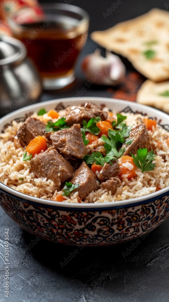 Traditional Uzbek plov served in a decorative dish, featuring tender lamb, garlic, and carrots, accompanied by a tea set and flatbread in an inviting setting Traditional Uzbek plov served in a decorative dish, featuring tender lamb, garlic, and carrots, accompanied by a tea set and flatbread in an inviting setting