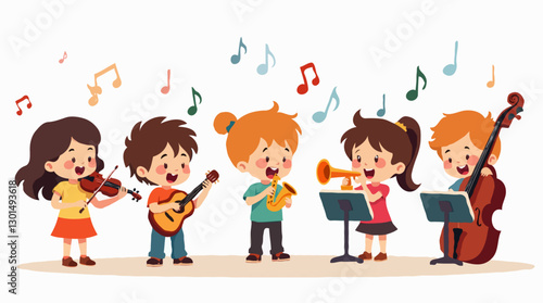 Cartoon Children Playing Musical Instruments, Joyful Youth Orchestra Illustration