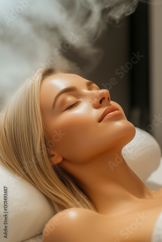 A woman is laying down on a bed with steam coming out of the ceiling