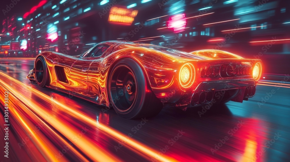 Futuristic Chrome-Plated Car on Neon-Lit Highway at Night. Generative AI Futuristic Chrome-Plated Car on Neon-Lit Highway at Night. Generative AI