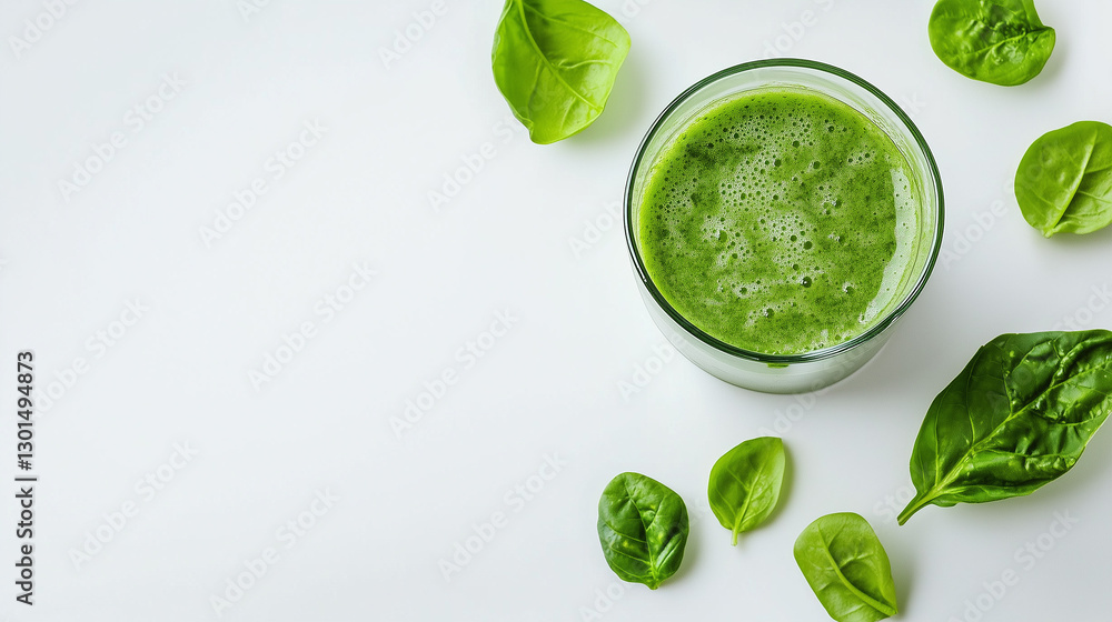 Obraz premium Un batido de jugo de col rizada verde acompañado de hojas frescas de col rizada en un plato blanco, capturado desde una vista superior sobre fondo blanco.