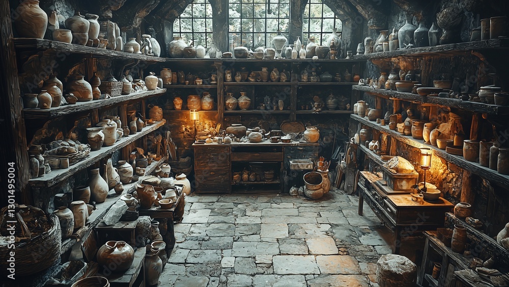 a serene and atmospheric pottery workshop, filled with shelves stacked with unfinished ceramic pieces in various stages of completion, from raw clay sculptures to glazed masterpieces awaiting the kiln a serene and atmospheric pottery workshop, filled with shelves stacked with unfinished ceramic pieces in various stages of completion, from raw clay sculptures to glazed masterpieces awaiting the kiln