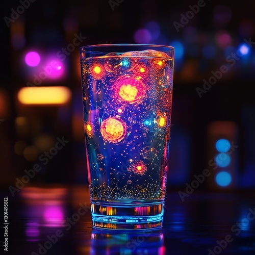 A glowing glass with neon orange spheres floating in carbonated water. The shimmering effect creates a surreal and artistic composition photo