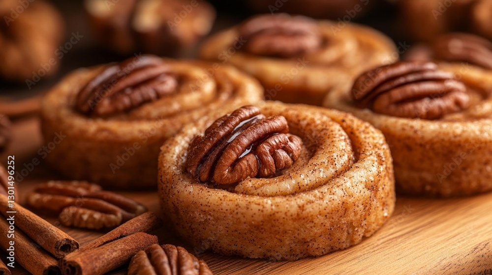 Freshly Baked Cinnamon Rolls with Pecan Nuts and Ground Cinnamon on a Wooden Surface. Generative AI Freshly Baked Cinnamon Rolls with Pecan Nuts and Ground Cinnamon on a Wooden Surface. Generative AI