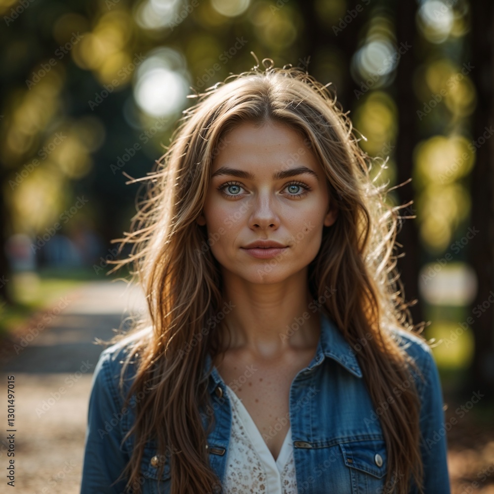 Obraz premium Young woman with light blonde hair and blue eyes, neutral expression, wearing a denim jacket and lace blouse, outdoors with blurred background