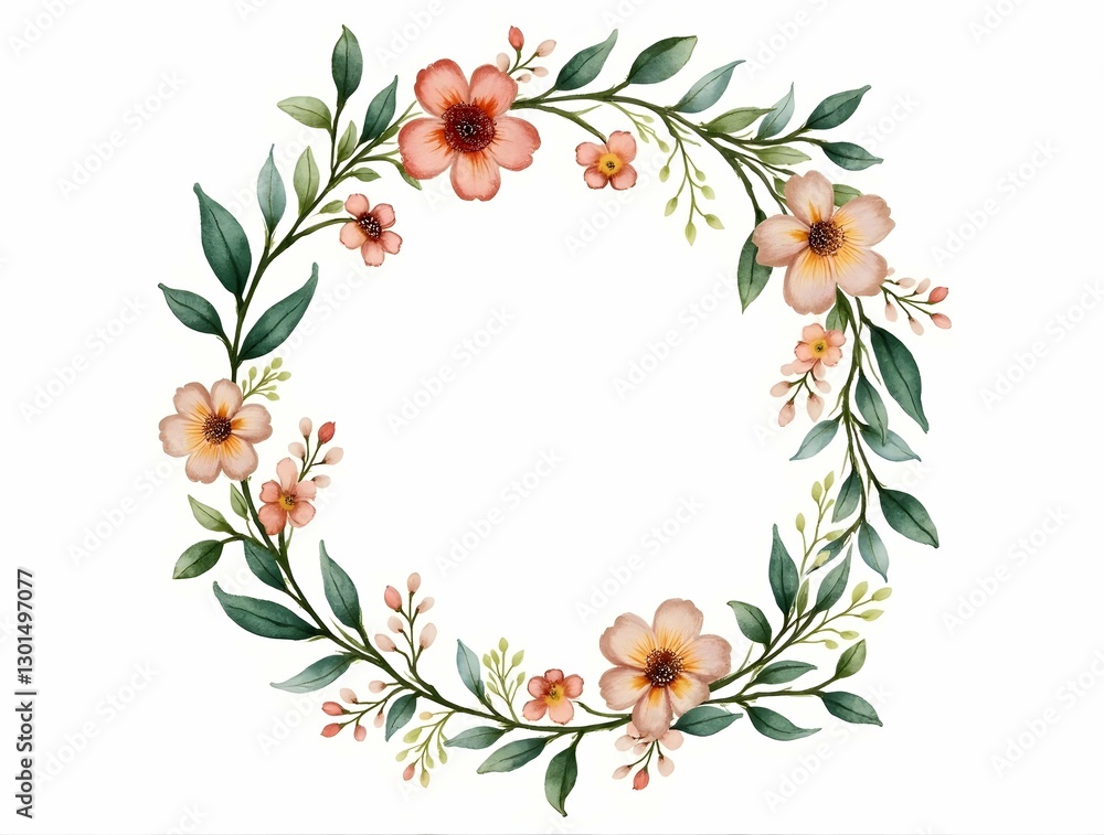 Fototapeta premium A delicate watercolor floral wreath with pink and purple flowers and green leaves, forming an oval frame on a white background.