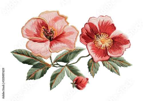 Fototapeta Naklejka Na Ścianę i Meble -  Beautiful floral embroidery design featuring pink and red flowers with green leaves for decorative purposes, cut out