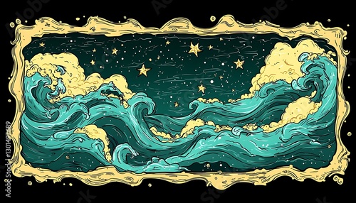 Ocean waves under starry night sky, in frame