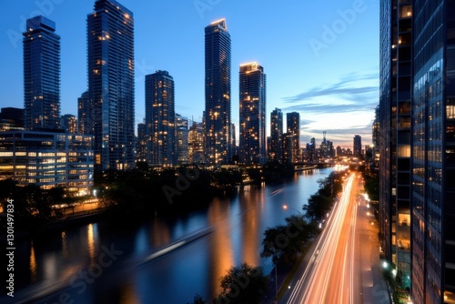 Wallpaper Mural This enchanting twilight image captures the shimmering lights of skyscrapers beside a river, illustrating the dynamic relationship between nature and urban architecture. Torontodigital.ca