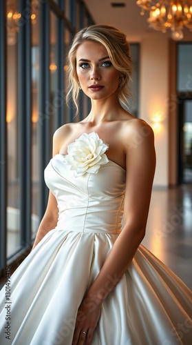 A high-fashion cinematic portrait: a stunning blonde Bride woman with delicate features and fair skin, wearing a deep-white satin ball gown With a big beautiful flower on the front of the dress.