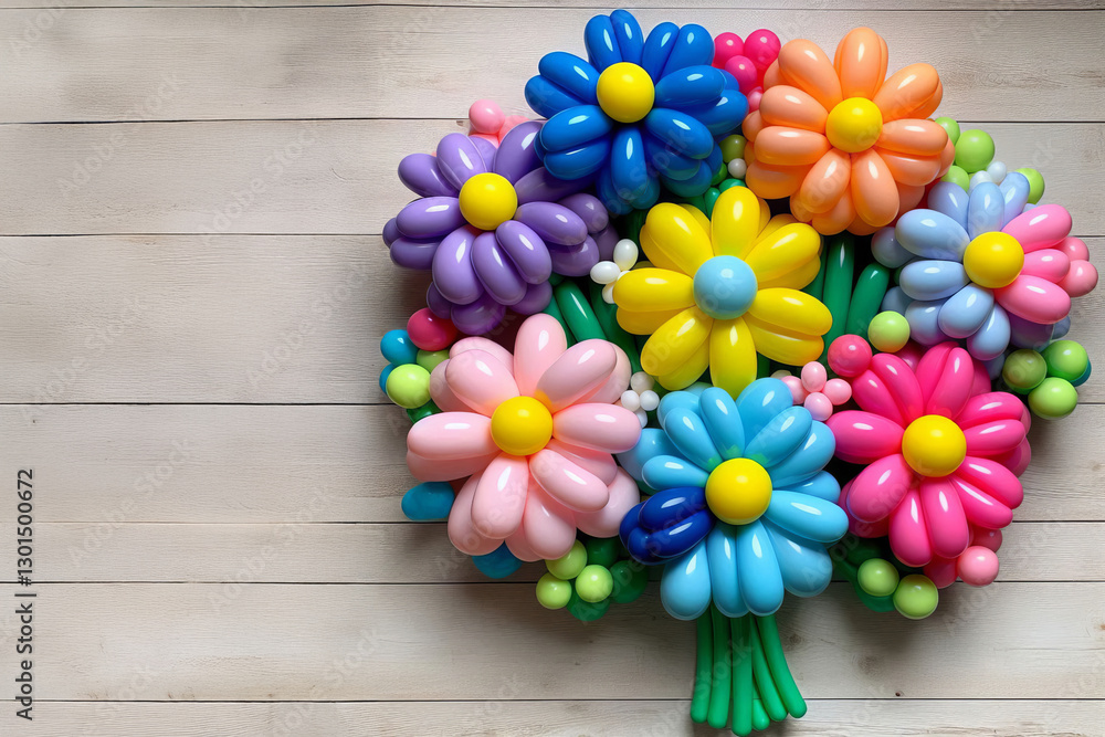 Obraz premium Colorful balloon bouquet shaped like flowers on neutral background. Party decoration and celebration concept. Design for greeting card, invitation, poster, and banner. top view, copy space,