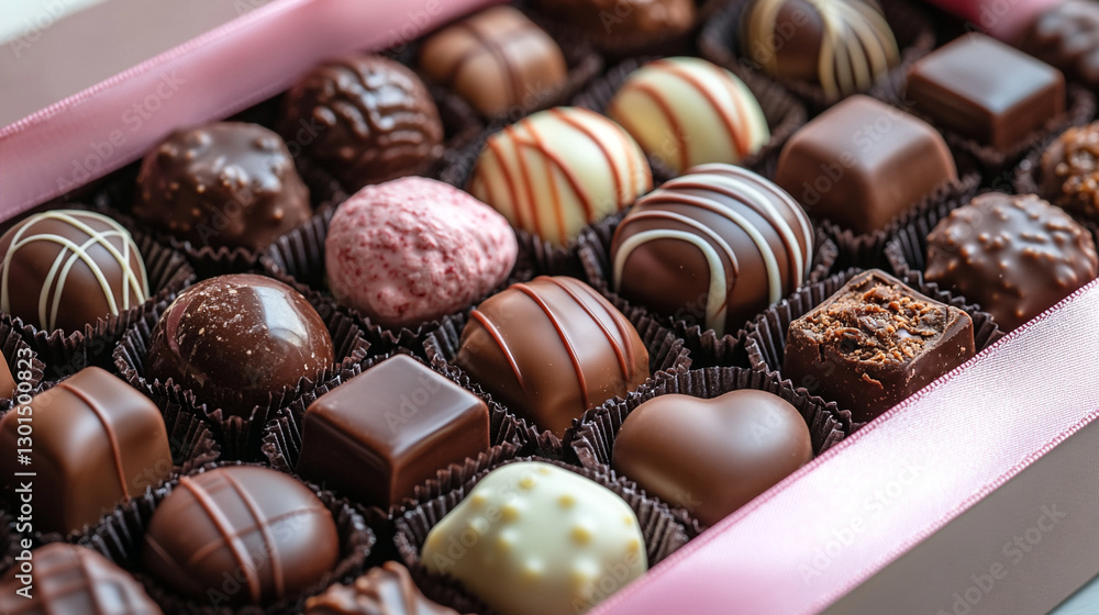 Close-up. Box of assorted gourmet chocolates with pink ribbon. Close-up. Box of assorted gourmet chocolates with pink ribbon.