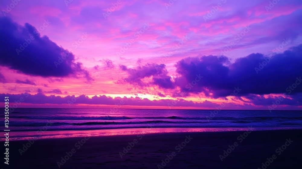 Fototapeta premium Vibrant purple and pink sunset paints the beach in breathtaking hues