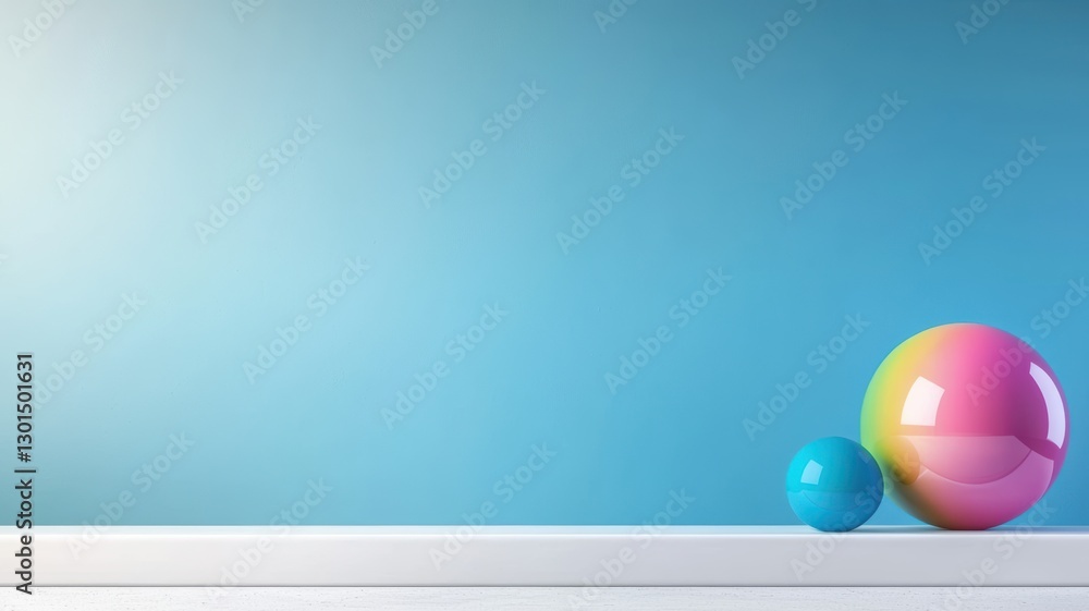 Colorful spheres on a white shelf against a blue background create a playful atmosphere. Colorful spheres on a white shelf against a blue background create a playful atmosphere.