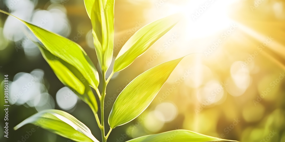 Obraz premium Lush green foliage against a soft golden light, capturing the essence of nature's vitality and tranquility. The image evokes peace.