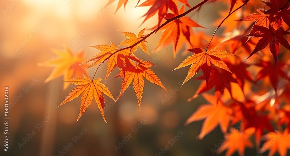 Autumn maple leaves, vibrant orange and red foliage, soft focus background Autumn maple leaves, vibrant orange and red foliage, soft focus background