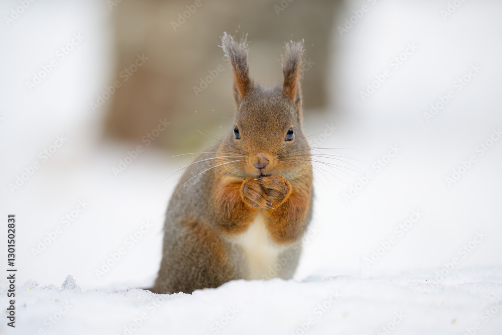 Fototapeta premium Cute Norwegian Red squirrel (Sciurus vulgaris) in snow