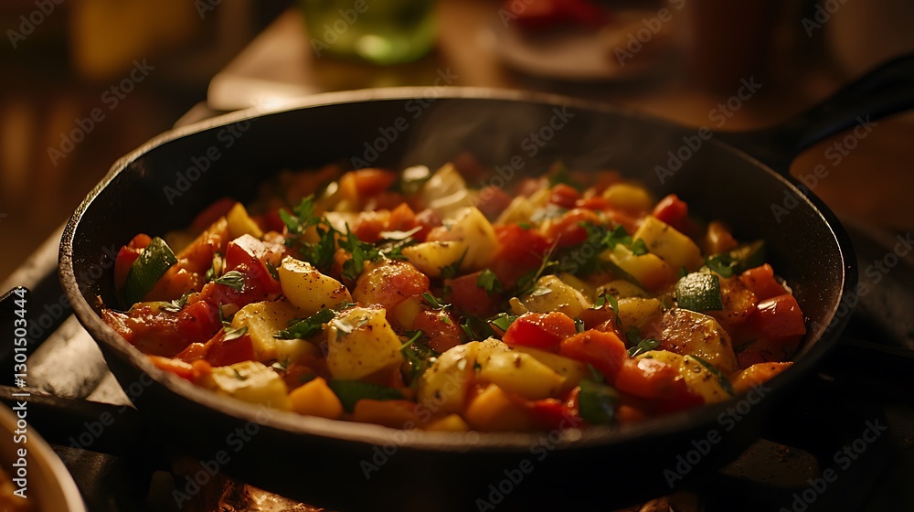Vegetable Medley Cooking in Cast Iron Pan with Herbs and Steam Vegetable Medley Cooking in Cast Iron Pan with Herbs and Steam