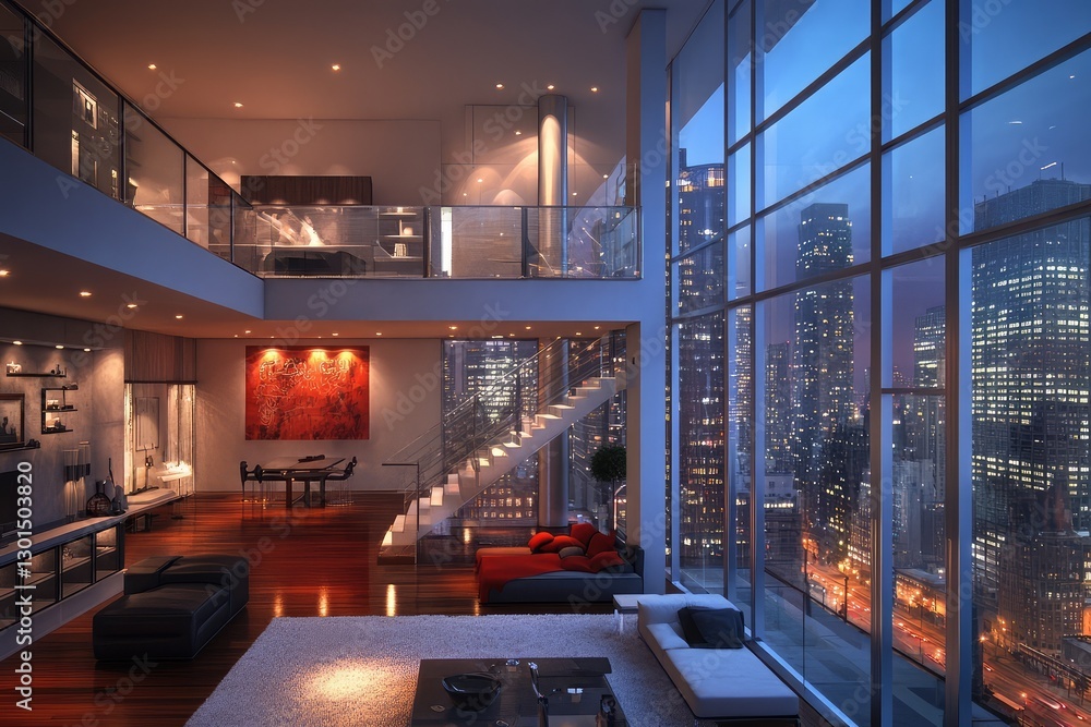 Modern loft interior with city view and contemporary design. AI generated illustration. Modern loft interior with city view and contemporary design. AI generated illustration.