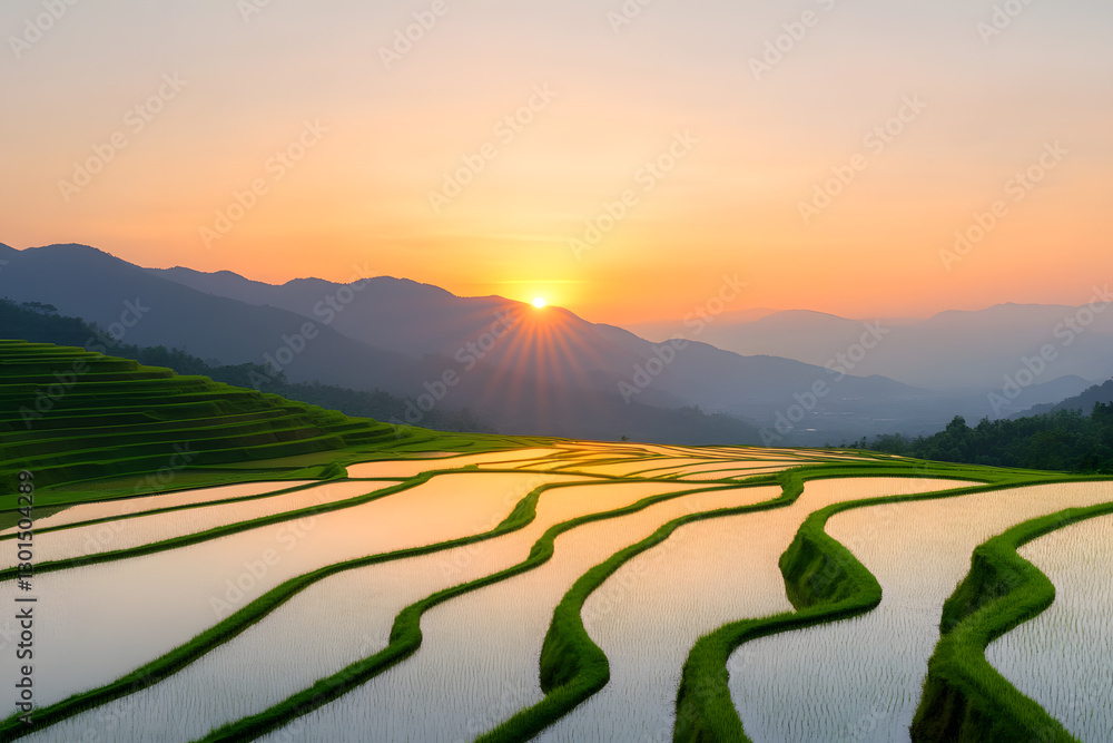 Fototapeta premium Terraced fields bathed in the warm hues of the sunset, showcasing the beauty of agricultural landscapes. Mountains line the horizon for serene nature.