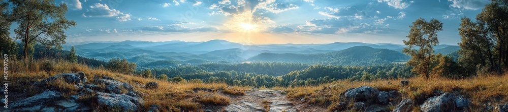 Breathtaking view from a mountain overlook with vibrant skies and forest-covered hills in the distance. Generative AI Breathtaking view from a mountain overlook with vibrant skies and forest-covered hills in the distance. Generative AI