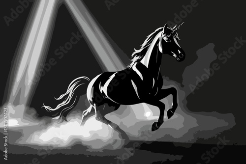 Running Unicorn, Volumetric Lighting Effects in Black and White