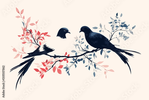 Drawing of a pair of pigeons on a sakura branch