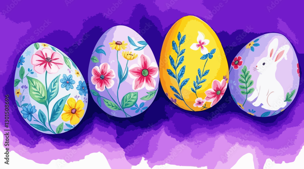 Fototapeta premium Easter Eggs, Vibrant Floral Designs on Purple Background