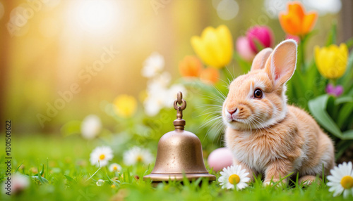 Charming bunny beside vintage Easter bell in blooming garden, spring magic