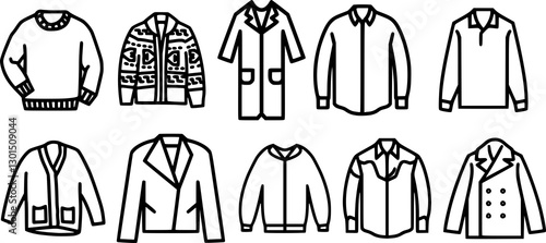 Men’s Jackets, Coats, Sweaters, and Shirts – Fashion Outline Vector Set