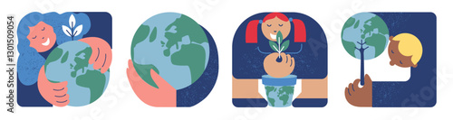 Earth Day! People caring about planet, tree-shaped Earth. People trying to Save Planet Earth. Human Planting Trees.  Hand drawn vector illustration