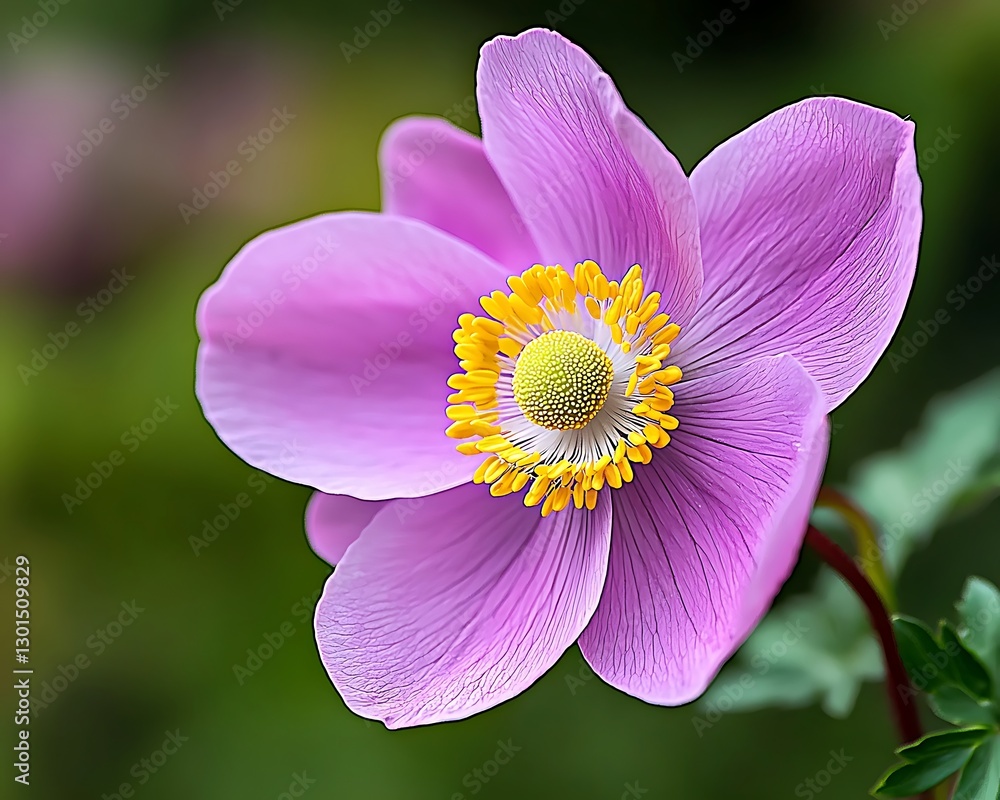 Pink flower blooms in garden. Blurry green background. Use nature blogs, botanical prints, garden guides Pink flower blooms in garden. Blurry green background. Use nature blogs, botanical prints, garden guides