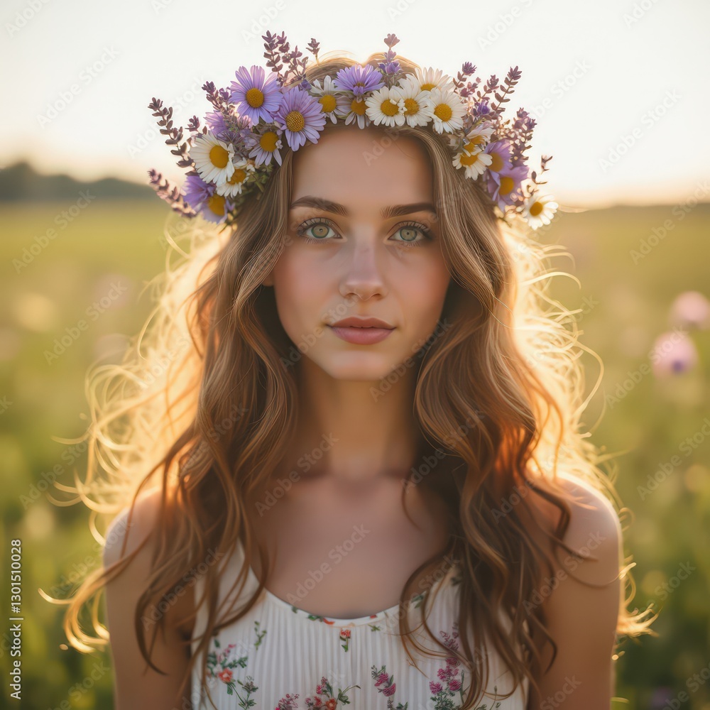 Woman in Daisy and Lavender Flower Crown in Spring Woman in Daisy and Lavender Flower Crown in Spring