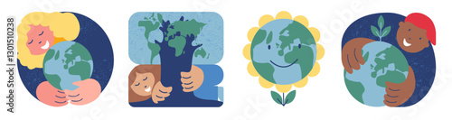 Earth Day! People caring about planet, tree-shaped Earth. People trying to Save Planet Earth. Human Planting Trees.  Hand drawn vector illustration