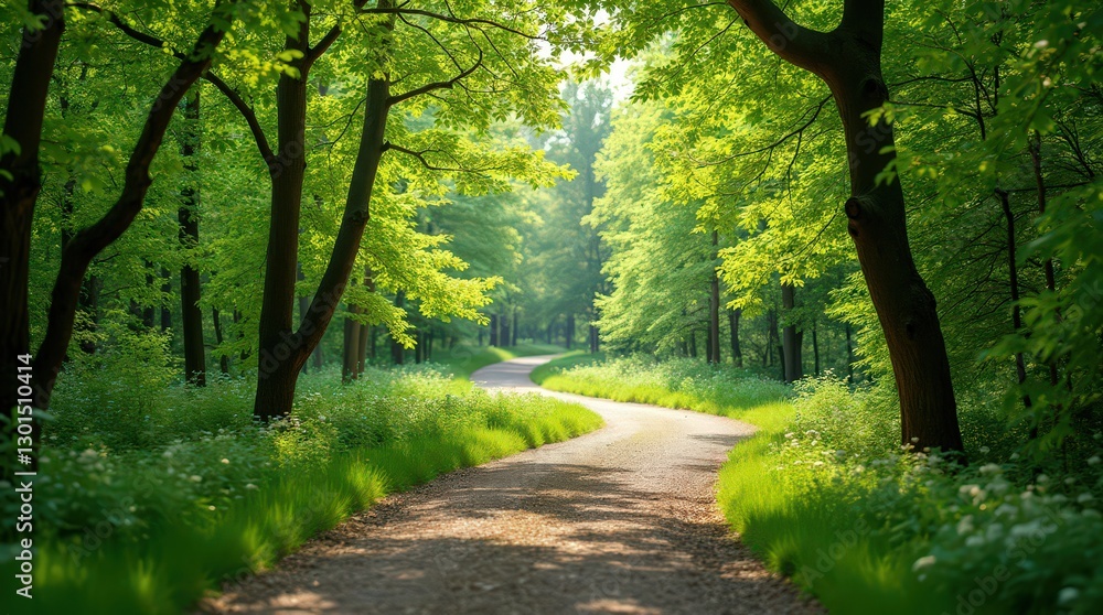 Naklejka premium Winding Path in Lush Spring Forest with Sunlight