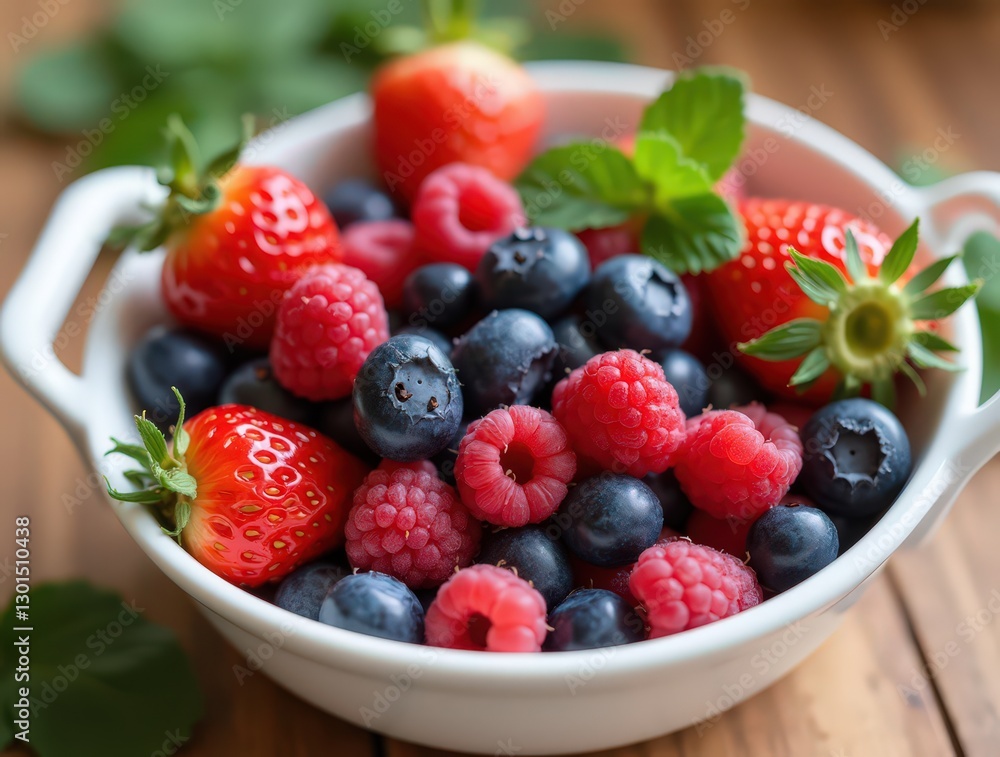 Bowl of Fresh Berries on Wooden Table in Spring Bowl of Fresh Berries on Wooden Table in Spring