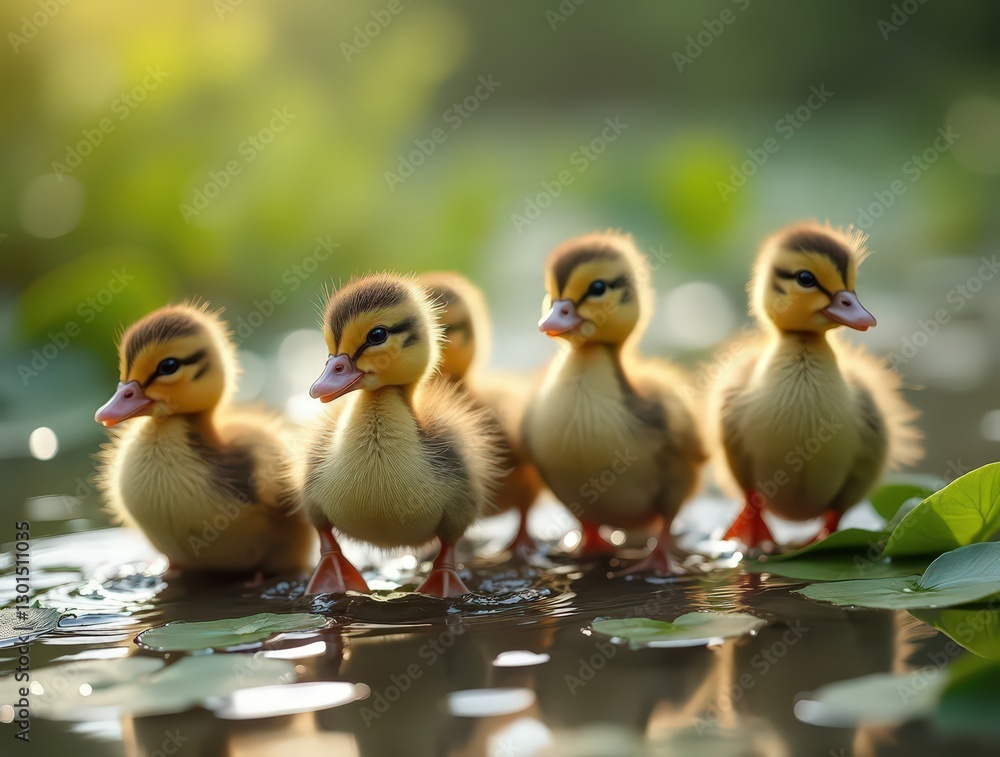 Fluffy Baby Ducklings by Pond in Spring Fluffy Baby Ducklings by Pond in Spring