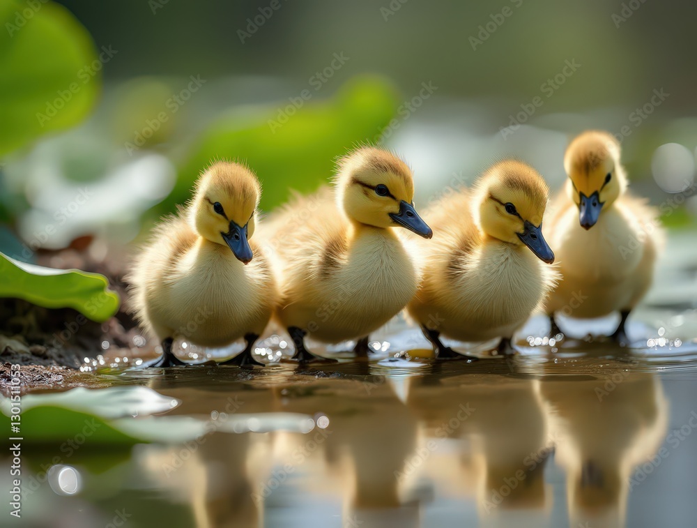 Fluffy Baby Ducklings by Pond in Spring Fluffy Baby Ducklings by Pond in Spring