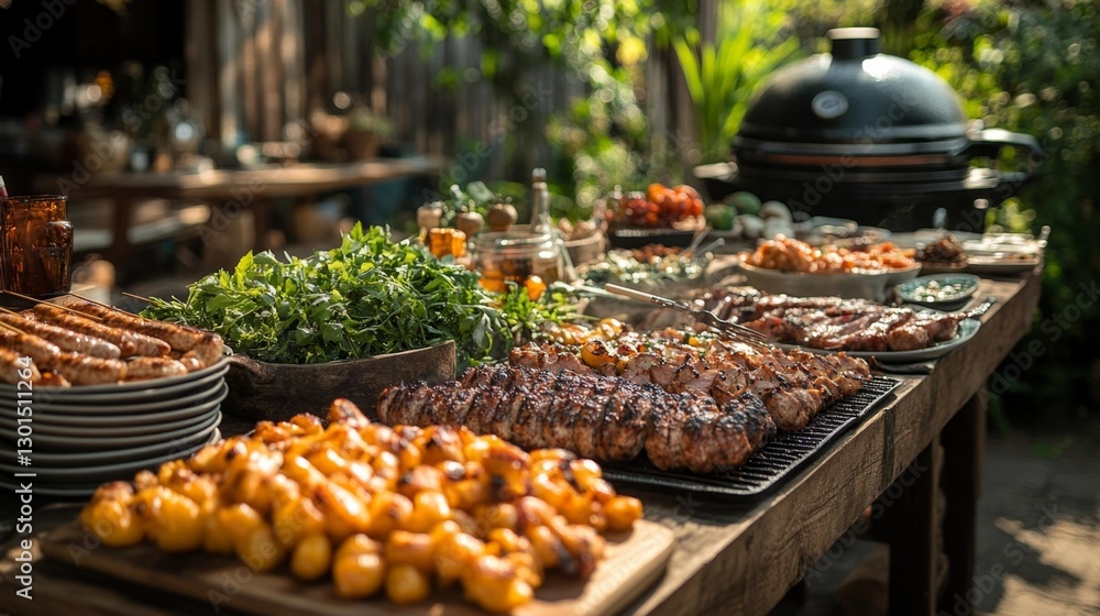 Obraz premium Vibrant Backyard BBQ Setup with Grilled Foods and Fresh Ingredients in a Beautiful Garden. Generative AI