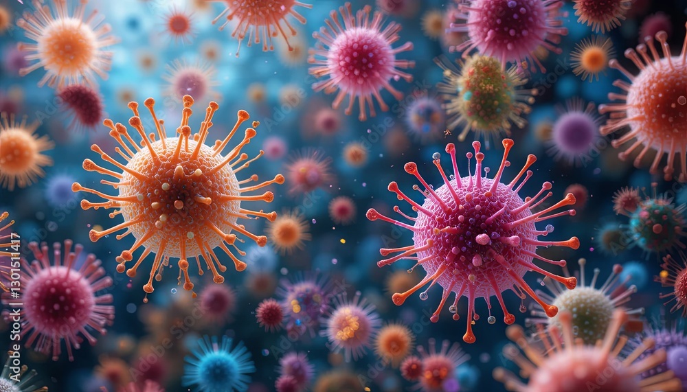 Microscopic virus particles floating in a laboratory environment scientific illustration high-detail imagery Microscopic virus particles floating in a laboratory environment scientific illustration high-detail imagery