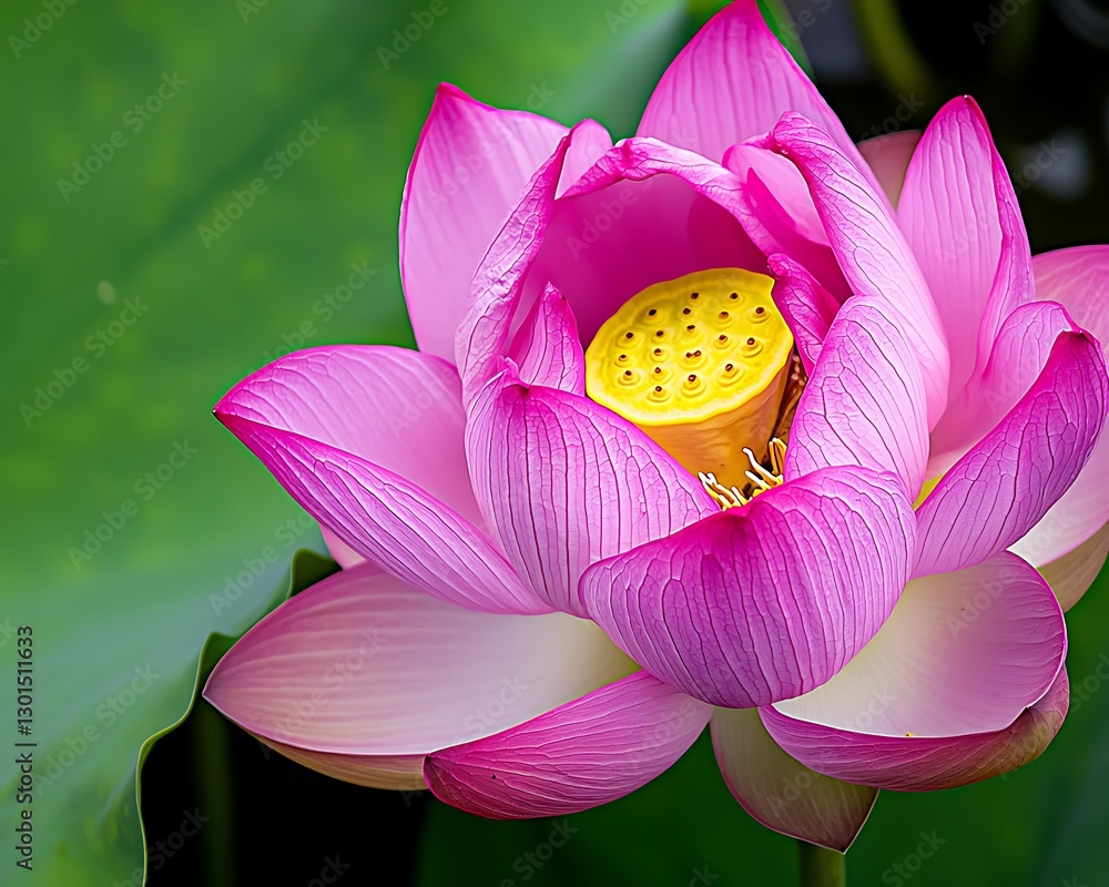 Pink lotus flower blooms with yellow center, green leaf background, symbolizes serenity. Stock photo Pink lotus flower blooms with yellow center, green leaf background, symbolizes serenity. Stock photo