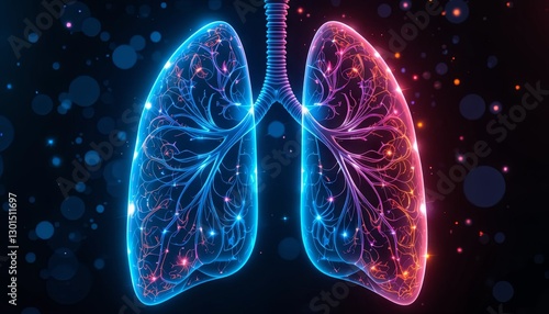 Dynamic visualization of lungs in neon colors medical science digital art abstract environment close-up view